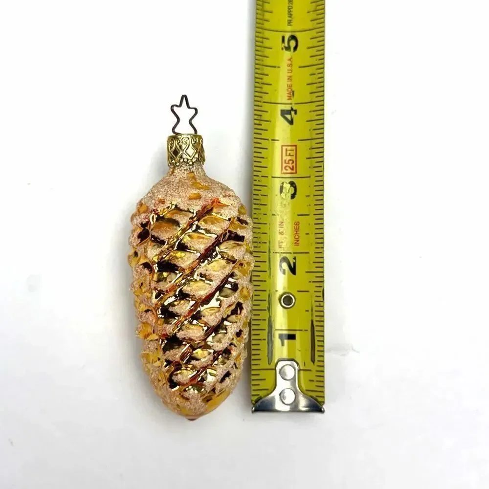 INGE-GLAS Christmas Ornament Blown Glass Shimmering Gold Pinecone 3,5